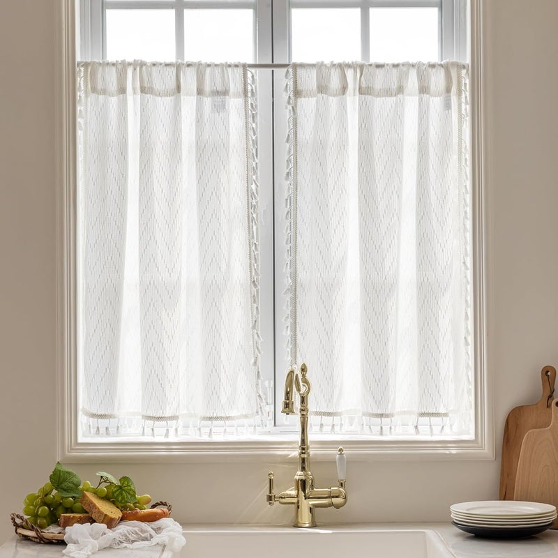 VOILYBIRD Kitchen Window Curtains Over Sink 45 Inch Length Boho Tassel Tiers Cafe Curtains Zigzag Design, 2 Panels, White - Image 1